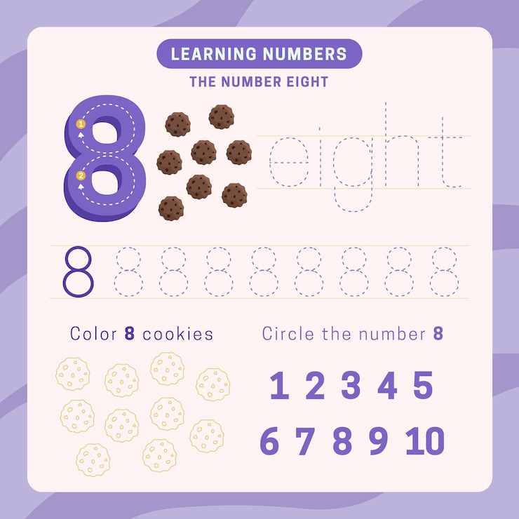 Vector Gratis number 8 worksheet with cookies