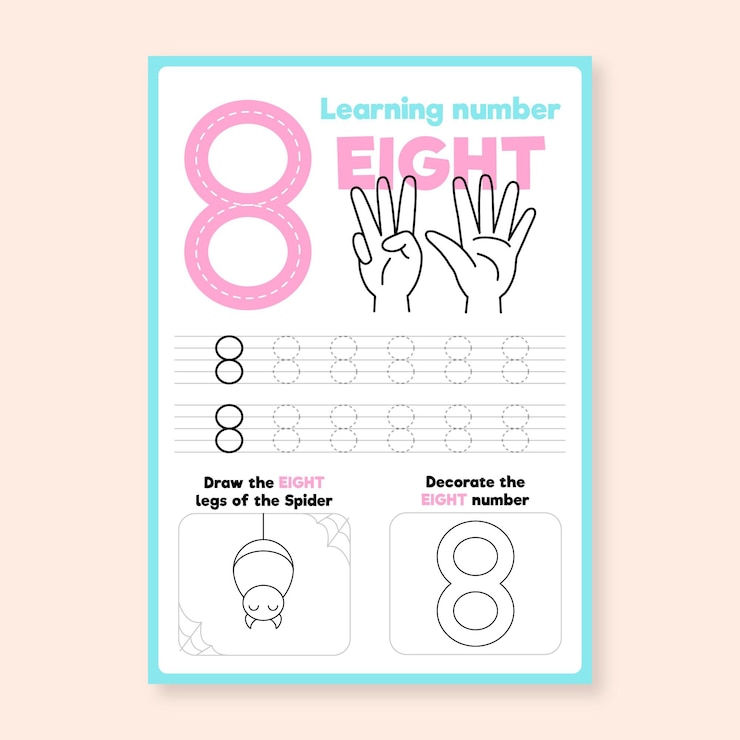 Vector Gratis number 8 worksheet with hands