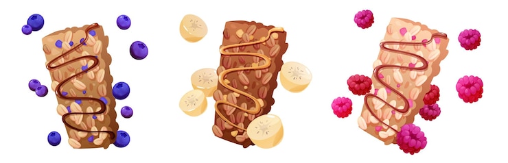 Vector Gratis oatmeal granola bar set with fruit toppings