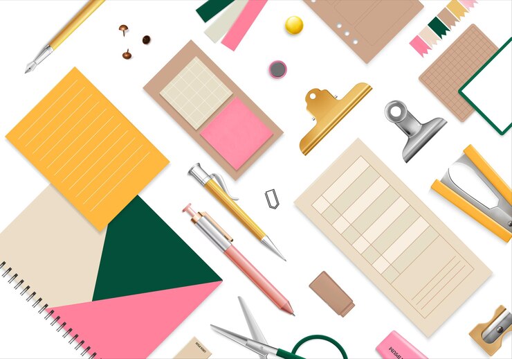 Vector Gratis office items seamless pattern with scissors pencil and pen realistic