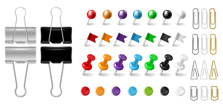 Vector Gratis office paper clips pins and clamps realistic set isolated at white background vector illustration