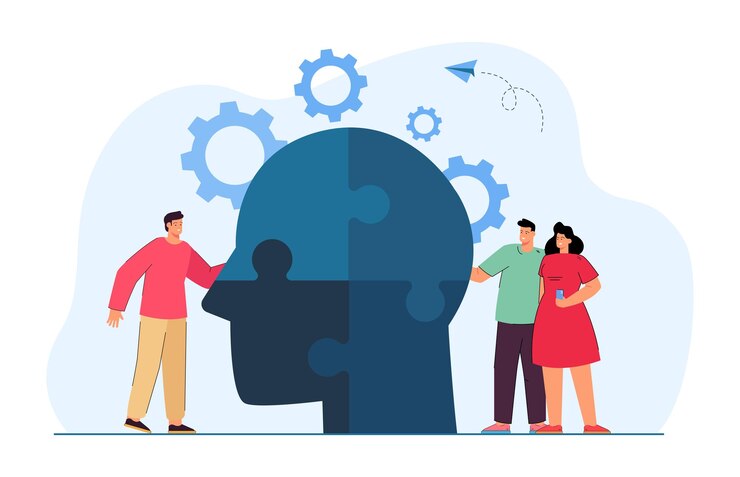 Vector Gratis office people putting pieces of jigsaw of head puzzle together. symbol of psychological help or personality, partnership flat vector illustration. mental health, support, leadership concept for banner