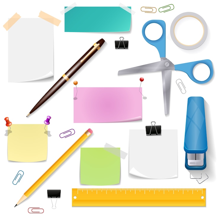 Vector Gratis office supplies set. scissors paper and stationery tool, pencil and pen