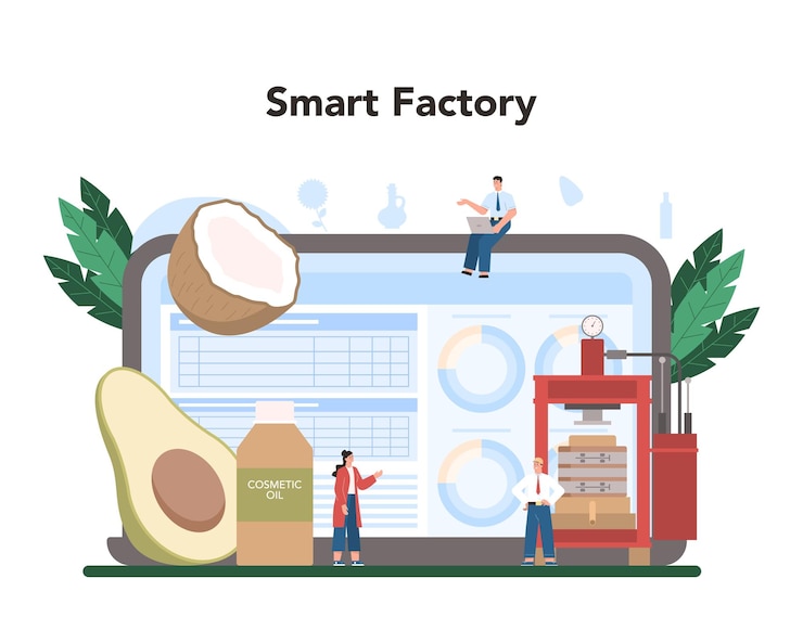 Vector Gratis oil extraction or production industry online service or platform glass bottle of vegatable oil cocoa olive sunflower avocado corn online smart factory vector flat illustration