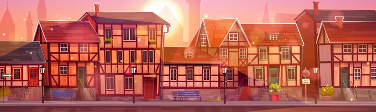 Vector Gratis old germany medieval town street on sunset cartoon landscape ancient european village with bavaria stone building and historical fachwerk scenery panoramic summer german cityscape scene with road