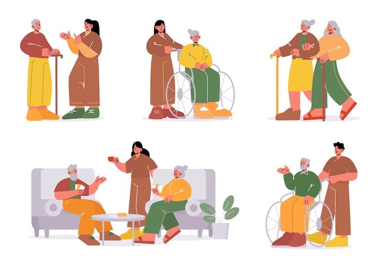 Vector Gratis old people and care workers in nursing home