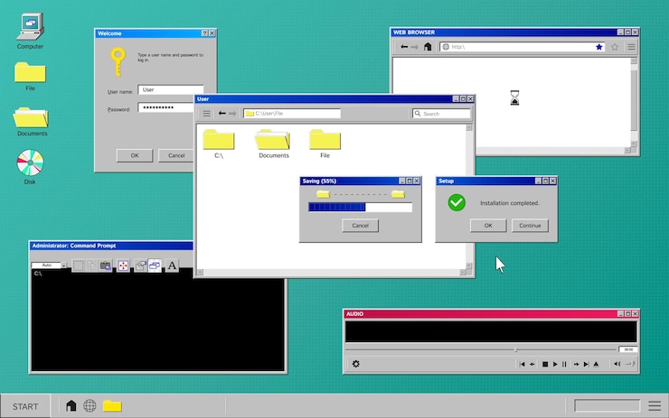 Vector Gratis old program composition with set of computer windows on retro desktop with icons folders and buttons vector illustration