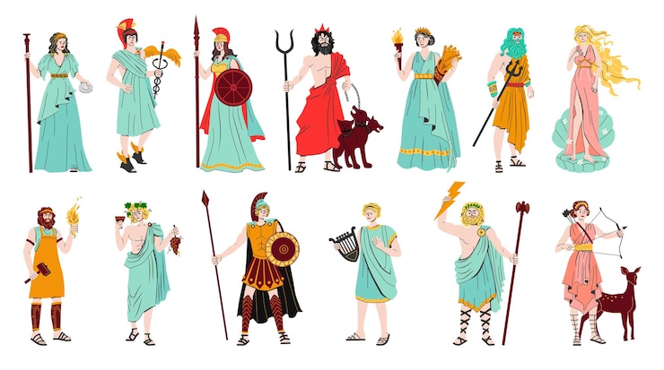 Vector Gratis olympus gods flat color set of hermes athena demeter dionysius artemis poseidon ares persons isolated vector illustration