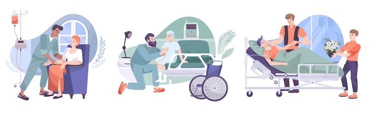 Vector Gratis oncology  3  flat  compositions  with  chemotherapy  treatment  postoperative  nursing  care  friends  family  visiting  cancer  patients    illustration