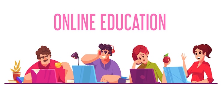 Vector Gratis online education cartoon concept with people learning online vector illustration