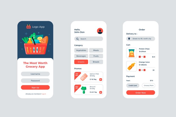 Vector Gratis online grocery store app template