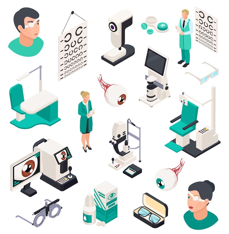 Vector Gratis ophthalmology isometric collection of icons and compositions with professional eye treatment tools human heads and furniture vector illustration