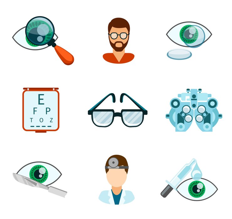 Vector Gratis optometry and optical icons flat set. pipette and oculist, eye analyze, ophthalmology and treatment, 
