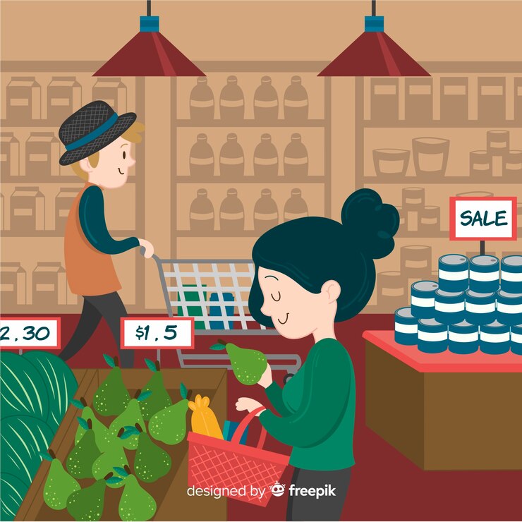 Vector Gratis orang digambar tangan di latar belakang supermarket
