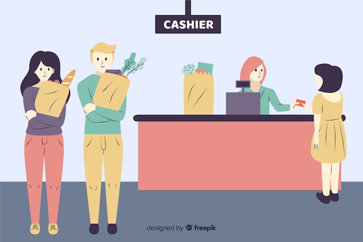 Vector Gratis orang digambar tangan di latar belakang supermarket