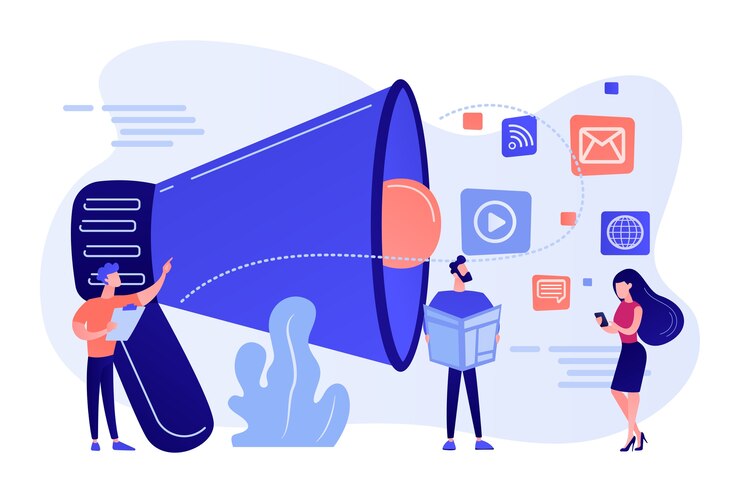 Vector Gratis orang-orang kecil, manajer pemasaran dengan megafon dan iklan dorong. iklan dorong, strategi pemasaran tradisional, ilustrasi konsep pemasaran interupsi