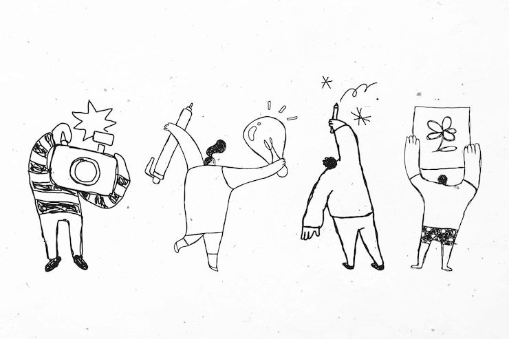 Vector Gratis orang-orang memegang ikon doodle lucu vektor kreativitas mereka