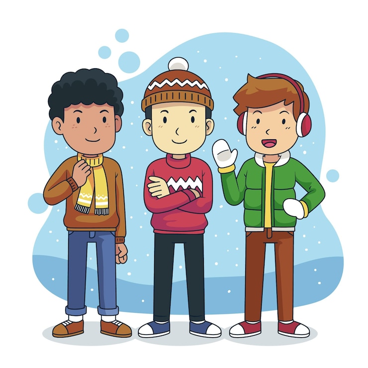 Vector Gratis orang-orang mengenakan pakaian musim dingin yang nyaman digambar tangan