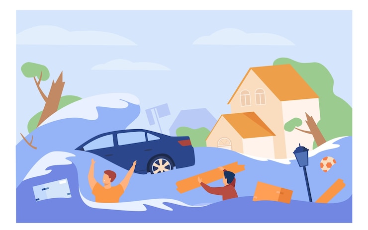 Vector Gratis orang-orang menyeramkan tenggelam dalam air, ilustrasi vektor datar yang terisolasi. rumah-rumah kartun yang terendam, mobil yang tenggelam saat banjir atau tsunami.
