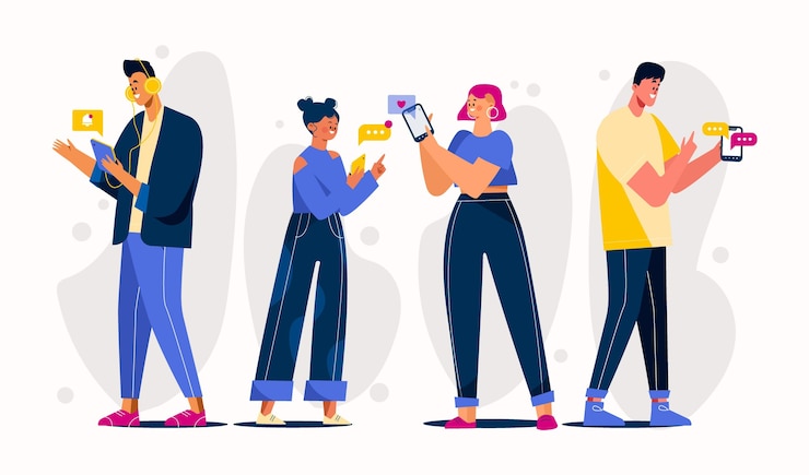 Vector Gratis orang-orang muda digambar tangan datar menggunakan smartphone