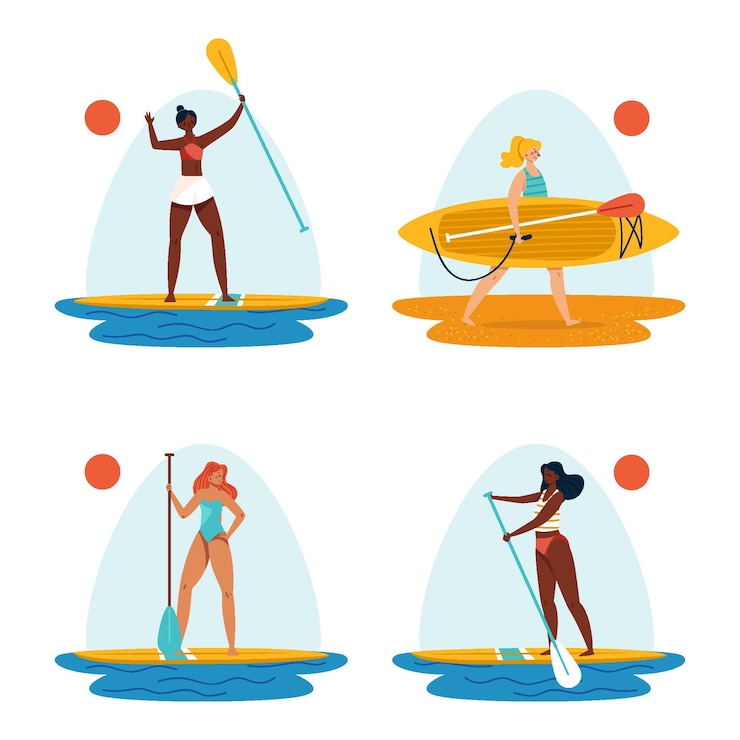 Vector Gratis orang-orang yang digambar tangan berdiri di atas papan sup