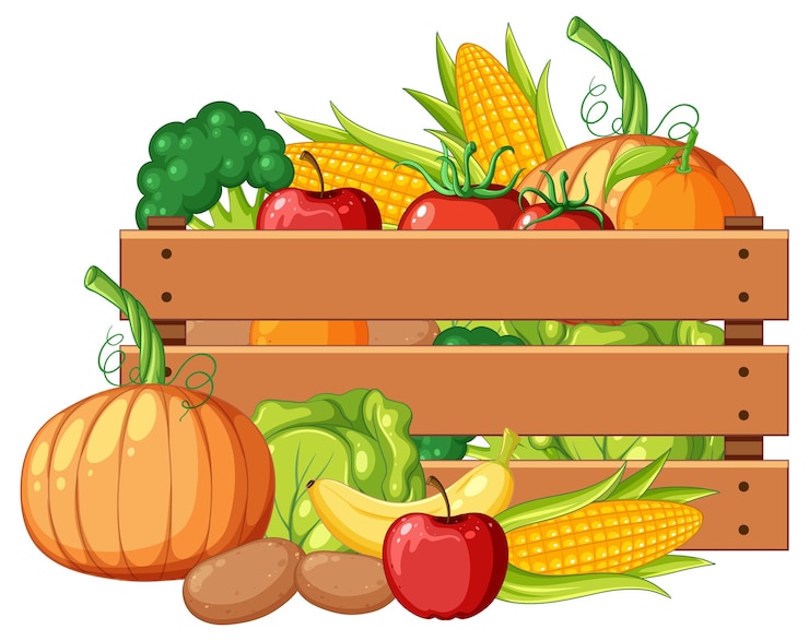 Vector Gratis organic fruits and vegetables in wooden crate