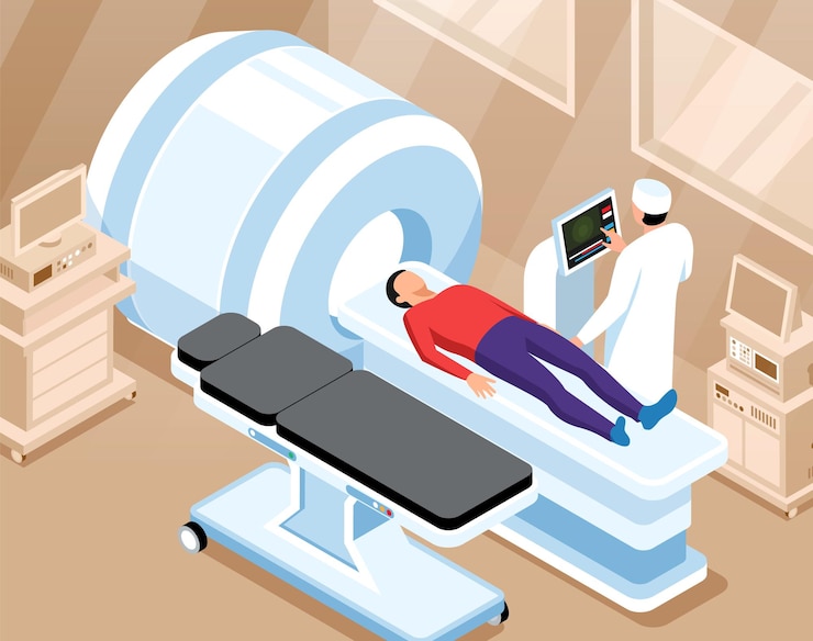 Vector Gratis orthopedic horizontal illustration with doctor prepare for magnetic resonance imaging scan