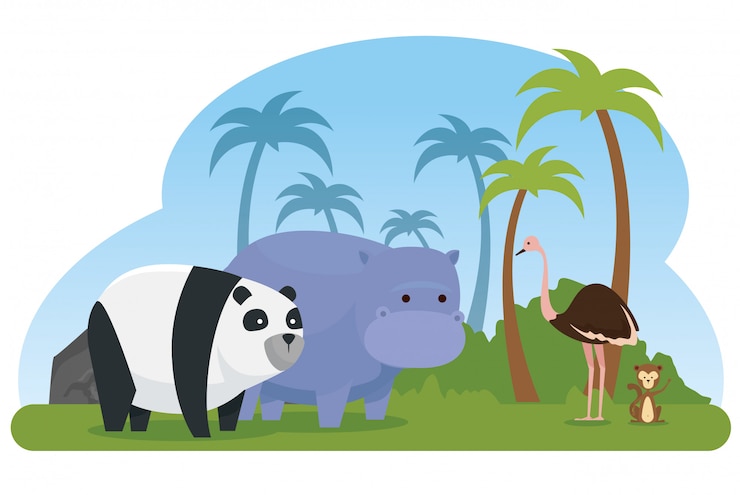 Vector Gratis ostrich with panda and hippopotamus wild animals