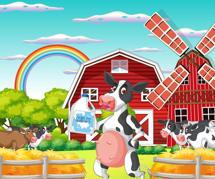 Vector Gratis outdoor cow farm scene with happy animals
