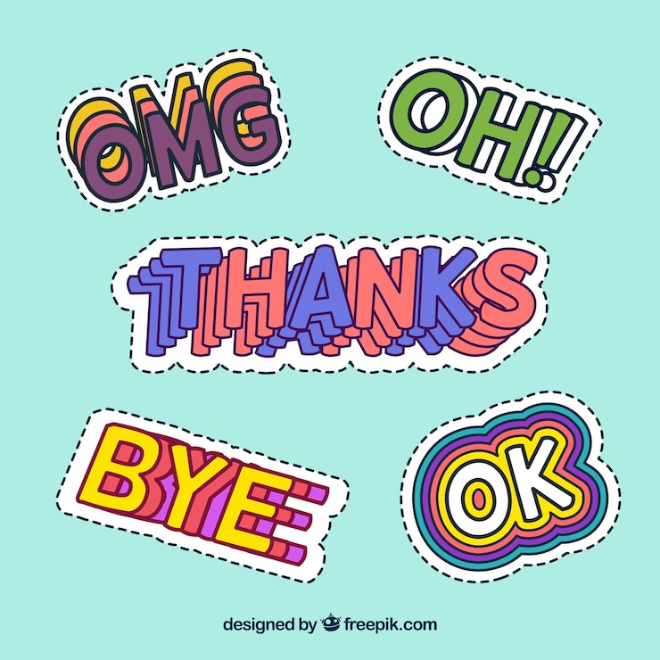 Vector Gratis pack of five stickers with hand drawn words