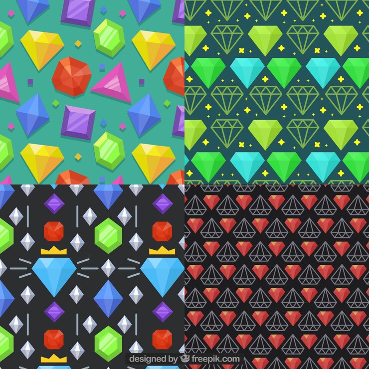 Vector Gratis pack of four patterns with colored gems