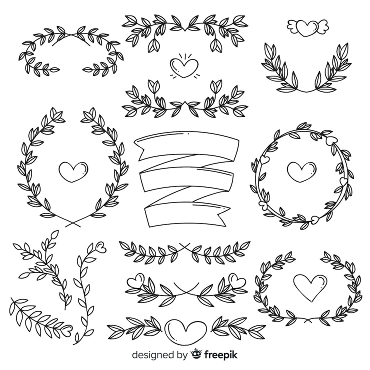 Vector Gratis paket ornamen pernikahan yang digambar tangan dengan indah