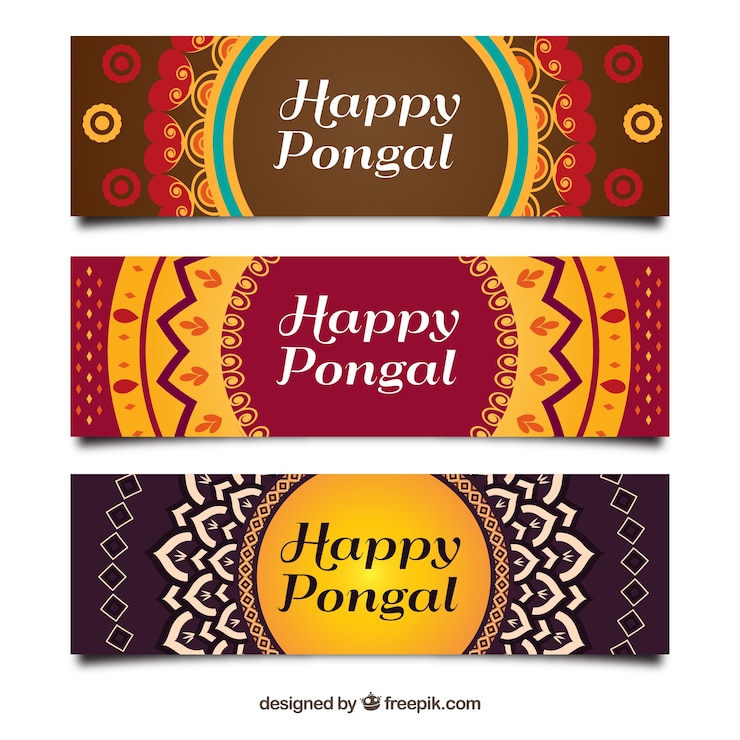 Vector Gratis paket tiga spanduk pongal dengan bentuk geometris
