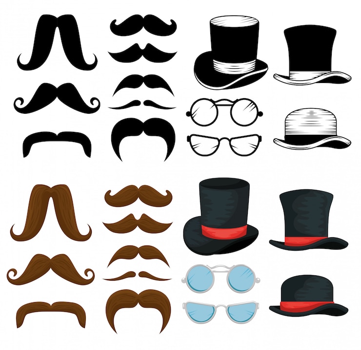 Vector Gratis paket topi pria, kumis, dan kacamata