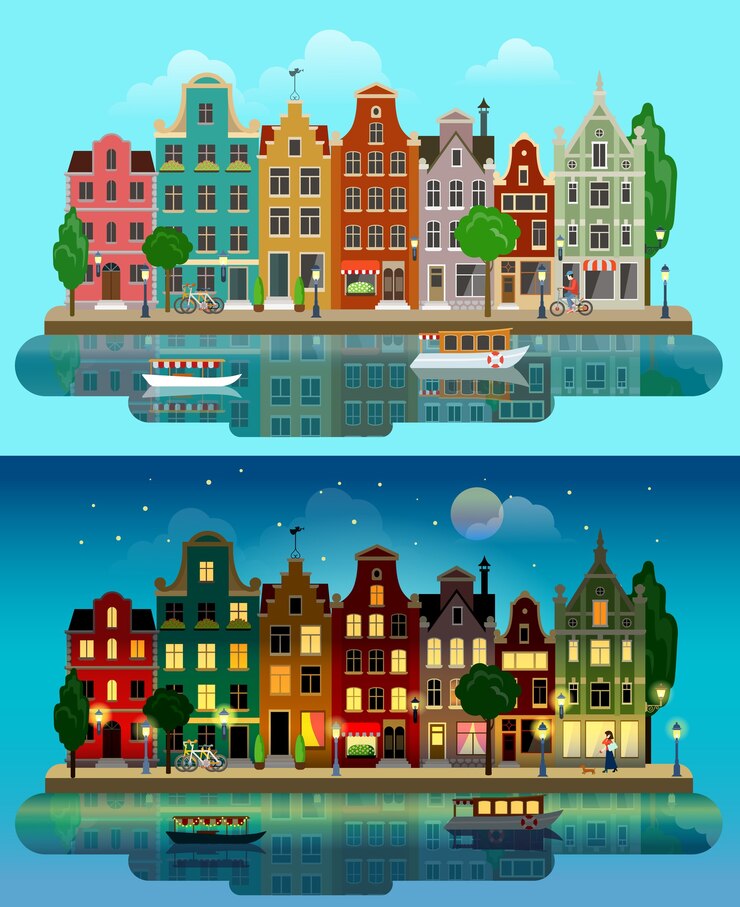 Vector Gratis panorama kota pencakar langit langit di latar belakang siang malam