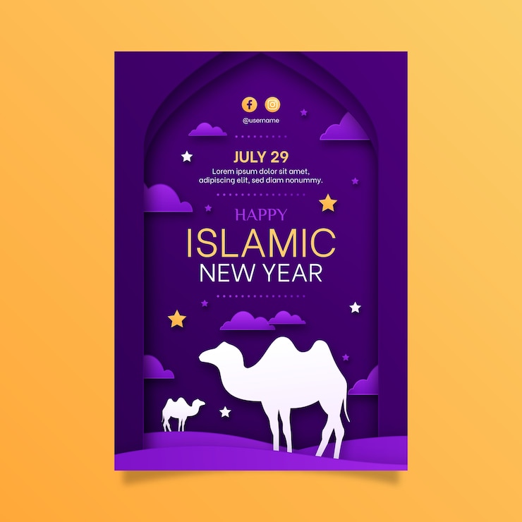 Vector Gratis paper style islamic new year poster template with camels and stars