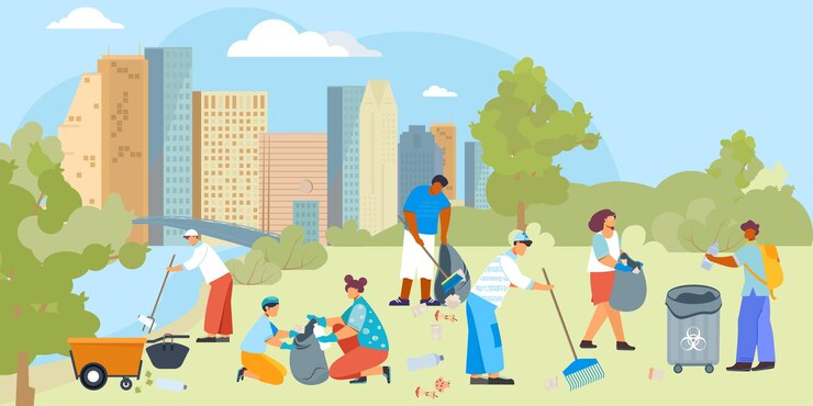 Vector Gratis para sukarelawan membuang komposisi dengan ilustrasi pemandangan kota dan sekelompok karakter manusia datar dengan peralatan kebersihan