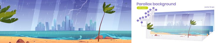 Vector Gratis parallax background with sea beach in rain
