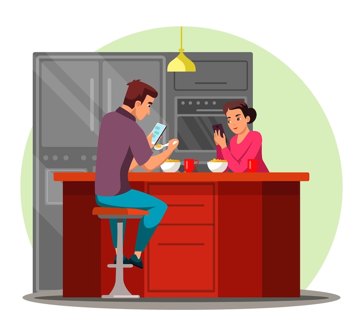 Vector Gratis pasangan suami istri makan di rumah sambil menjelajahi internet melalui ponsel cerdas. pria dan wanita dengan kebiasaan buruk dan kecanduan perangkat digital