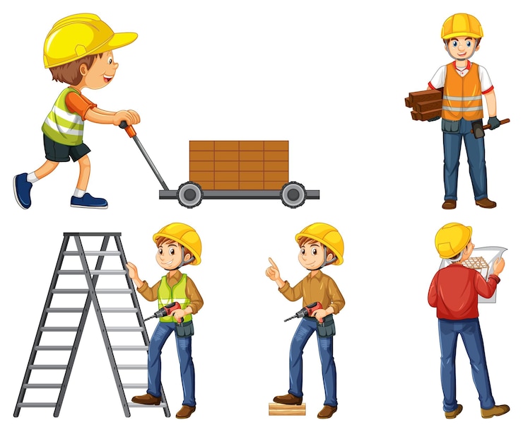Vector Gratis pekerja konstruksi dengan pria dan peralatan