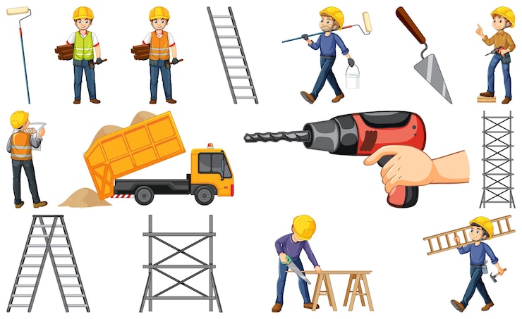 Vector Gratis pekerja konstruksi dengan pria dan peralatan