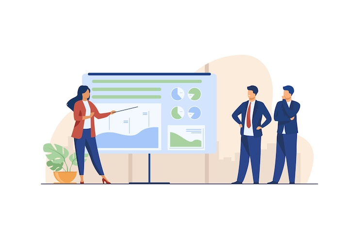 Vector Gratis pelatih wanita menjelaskan statistik kepada pengusaha. grafik, perusahaan, ilustrasi vektor datar analisis. bisnis dan pemasaran
