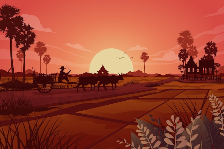 Vector Gratis pemandangan alam padang rumput pertanian pedesaan, siluet abstrak petani asia yang bekerja di sawah, ilustrasi