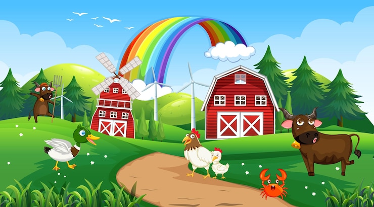 Vector Gratis pemandangan pertanian dengan hewan di ladang