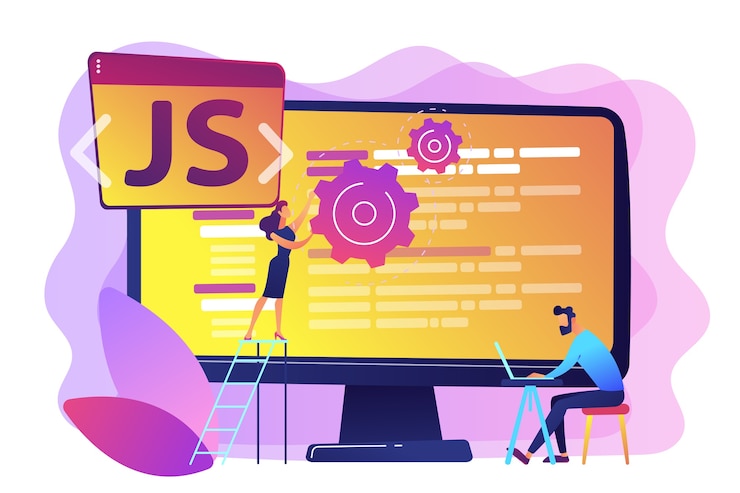 Vector Gratis pemrogram menggunakan bahasa pemrograman javascript di komputer, orang-orang kecil. bahasa javascript, mesin javascript, konsep pengembangan web js. ilustrasi terisolasi berwarna ungu cerah