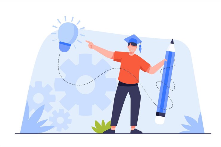 Vector Gratis pendidikan dan pengetahuan adalah kekuatan untuk membangun ide atau solusi kreativitas pria mengenakan topi wisuda atau mortar board dan tangan memegang ilustrasi vektor datar pensil