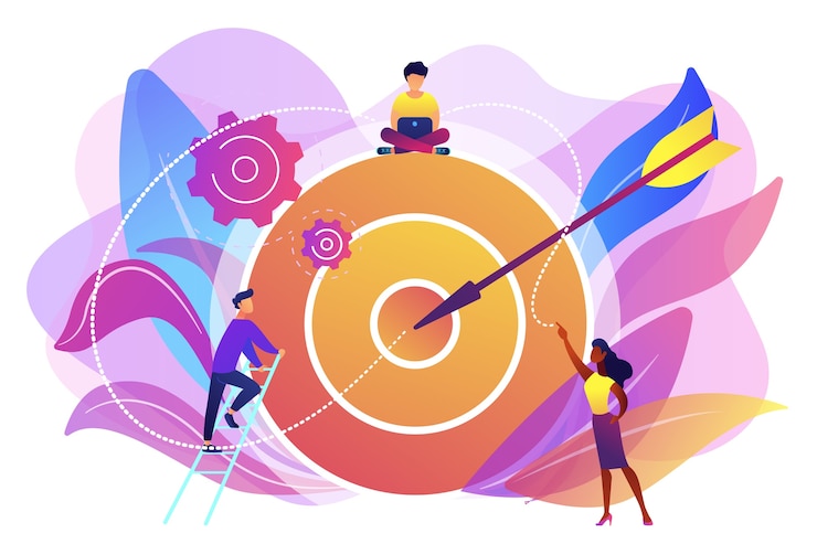 Vector Gratis pengusaha bekerja dan wanita di target besar dengan panah. tujuan dan sasaran, pertumbuhan dan rencana bisnis, konsep penetapan tujuan
