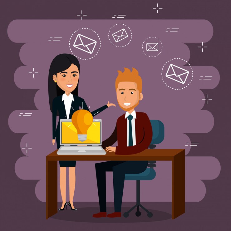 Vector Gratis pengusaha di kantor dengan ikon pemasaran e-mail