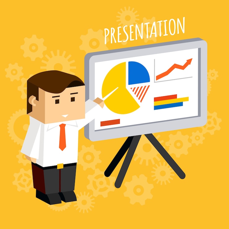 Vector Gratis pengusaha menunjuk pada diagram dan bagan papan presentasi, data dan analisis, statistik dan pertumbuhan.