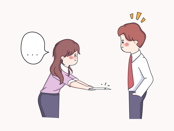 Vector Gratis pengusaha wanita memberikan surat putih kepada pengusaha pria dengan gaya doodle yang digambar tangan